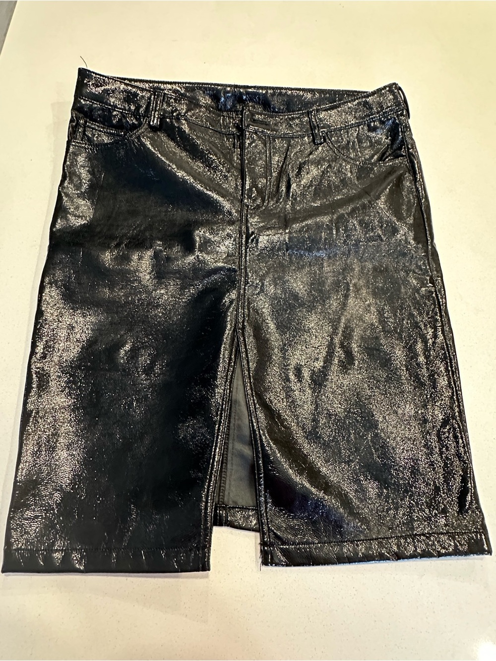 H&M Black Shiny Faux-Leather Pencil Skirt with Front Slit